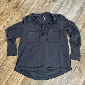 FREE PEOPLE Under Your Spell 100% Tencel Lace Up Tunic Shirt Blouse Black Size M